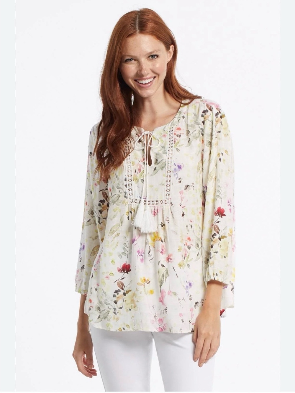 Tribal Brand Peasant Blouse Watercolor Floral Split Neckline Tassel Ties Large